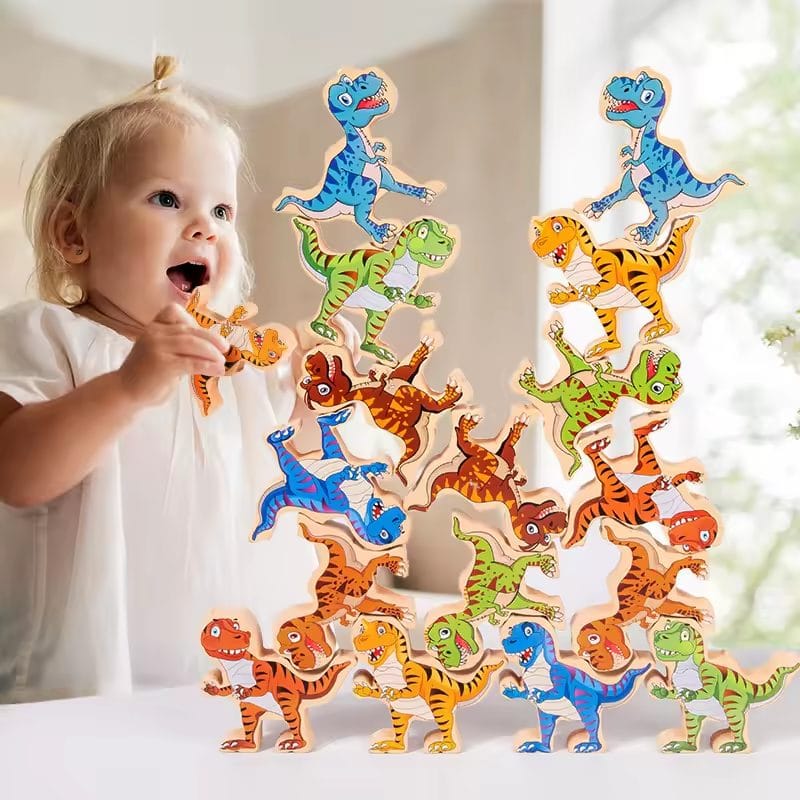 Set jucarii Educationale din Lemn, Dinozauri de Stivuit pentru Copii, Stimuleaza Creativitatea, Echilibrul si Abilitatile Motorii Fine, + 3 Ani - LUDIRO