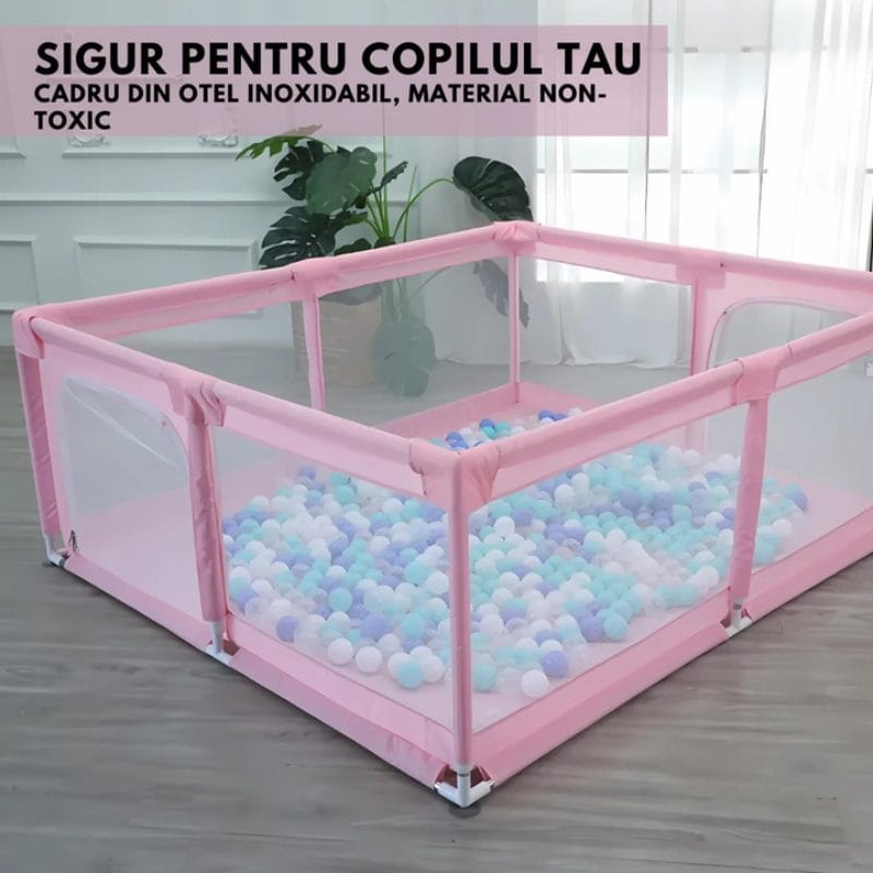Tarc de Joaca pentru Copii, 1-5 Ani, 180x150x66 Cm, Spatiu Sigur si Generos, Cu Plasa Moale, Protectie la Colturi si Structura Stabila, Ideal pentru Interior si Exterior, Usor de Asamblat, Roz - LUDIRO