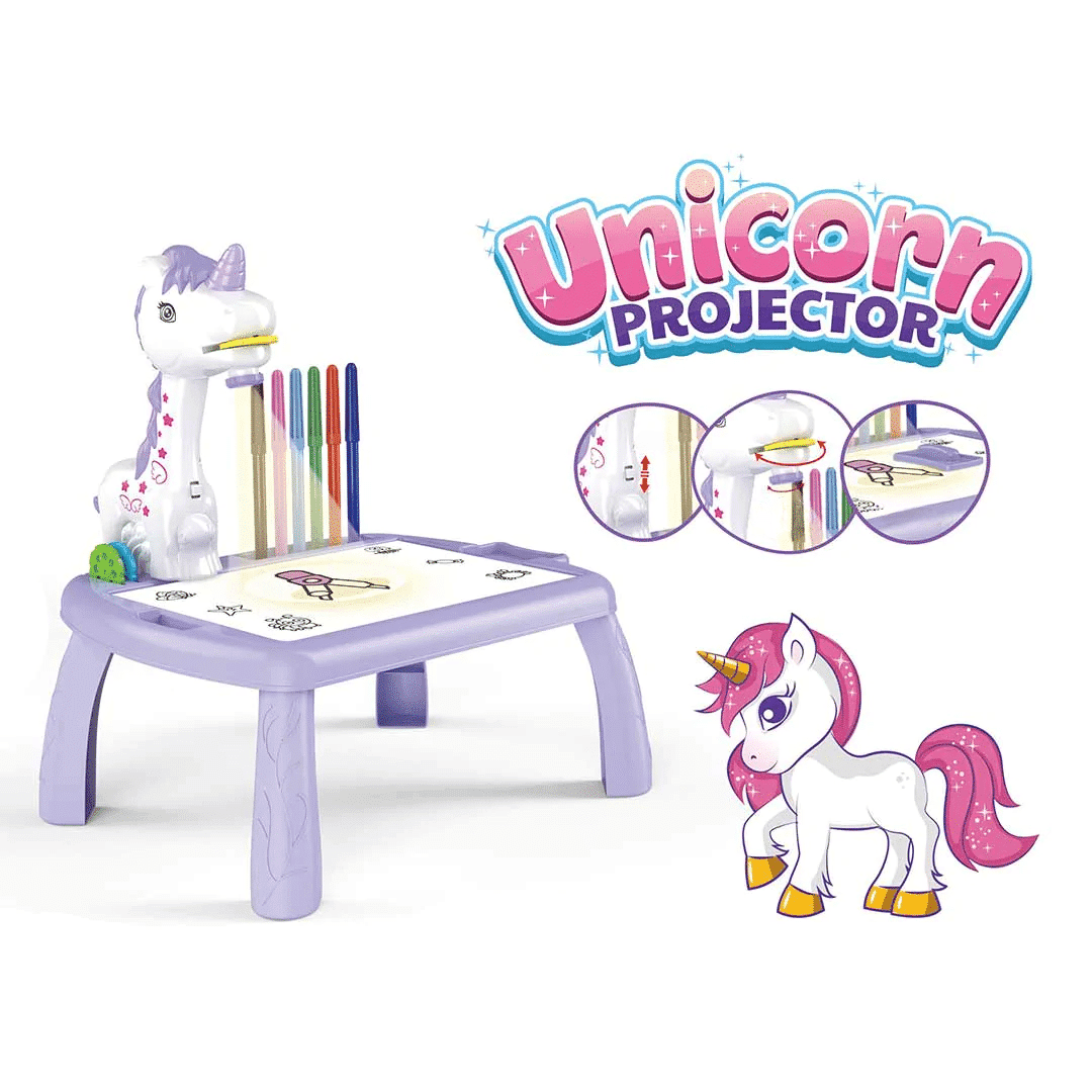 Set Masuta pentru Desen cu Proiector Holografic si Accesorii, 3 Discuri cu 24 Modele, Unicorn, 12 Carioci, Mov, 32x29.5x23 Cm, + 3 Ani - LUDIRO
