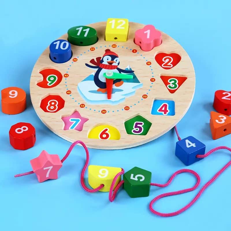 Ceas Educativ din lemn pentru Copii, Cifre Detasabile, Puzzle si Joc de Snuruit, Pinguin, + 3 Ani - LUDIRO