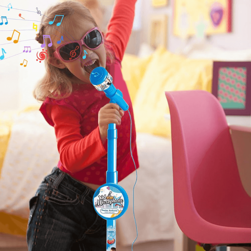 Microfon Karaoke pentru Copii cu Stativ Reglabil, Sunete, Lumini si Functie MP3, Albastru - LUDIRO