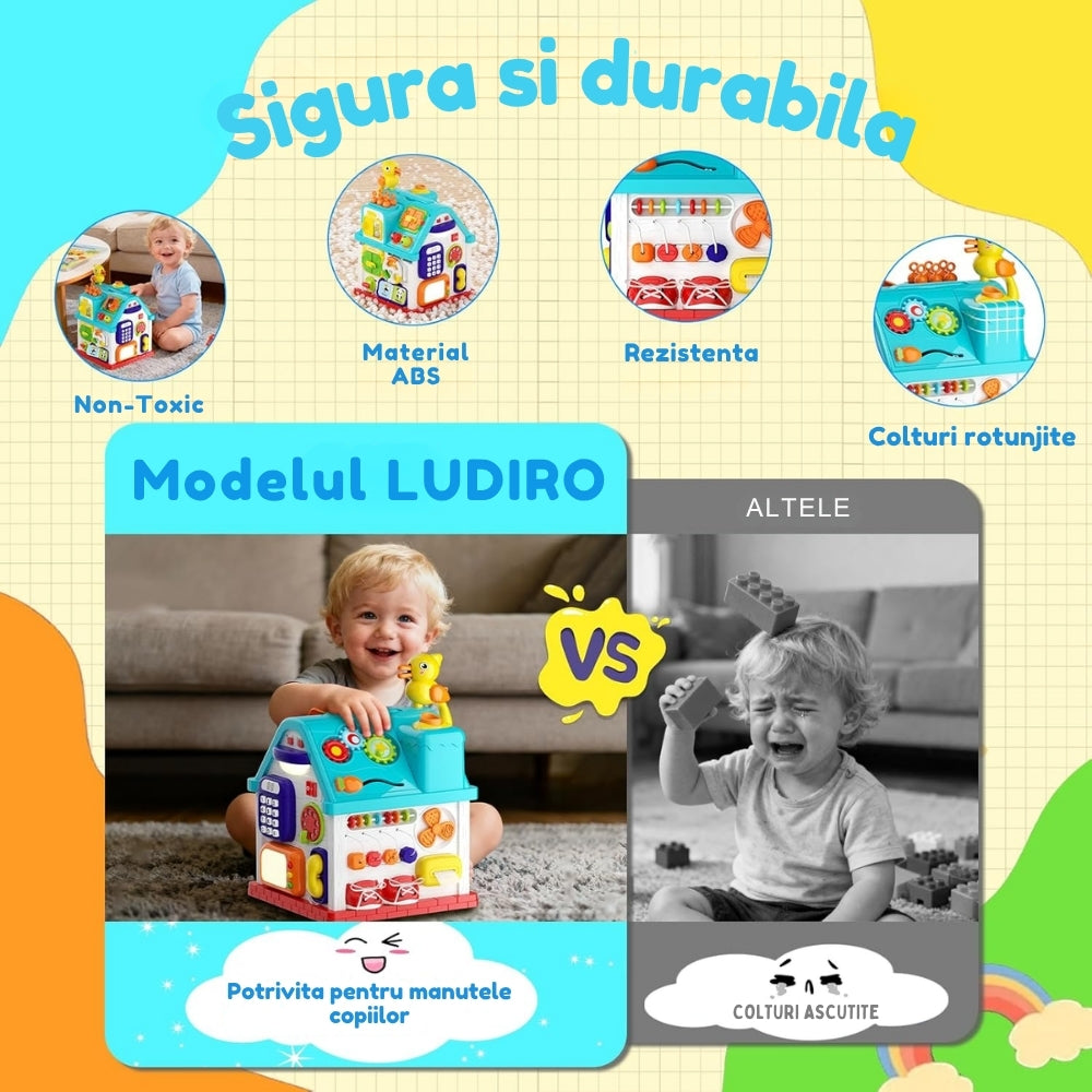 Resigilat - Căsuță Interactivă Montessori 20 în 1 pentru Bebeluși, Centru de Activități Educativ cu Muzică, Lumini, Telefon, Sortator și Joc Prindere Păsări, Fără BPA, 6-36 Luni - LUDIRO