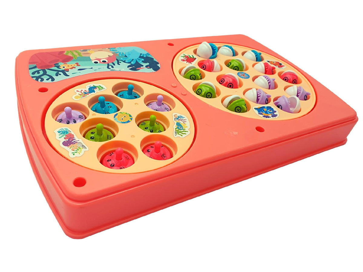Resigilat - Set Interactiv 2 in 1, Joc Pescuit cu 15 Pestisori si 2 Undite, Joc Whack A Mole cu 8 Cartite si 2 Ciocanele, Cadru Rotativ, Sunete, 28x18x4 Cm, Roz, + 3 Ani - LUDIRO