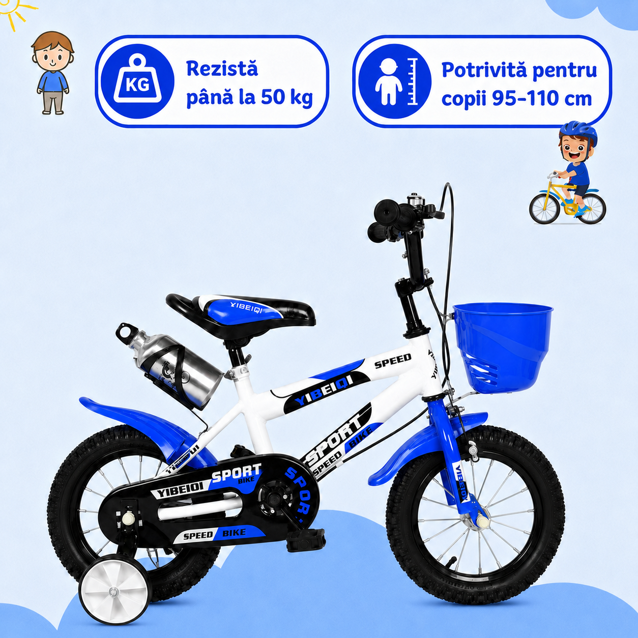 Bicicletă LUDIRO de 14 inch, alb-albastră, potrivită pentru copii cu înălțimea de 95-110 cm și o greutate maximă de 50 kg.