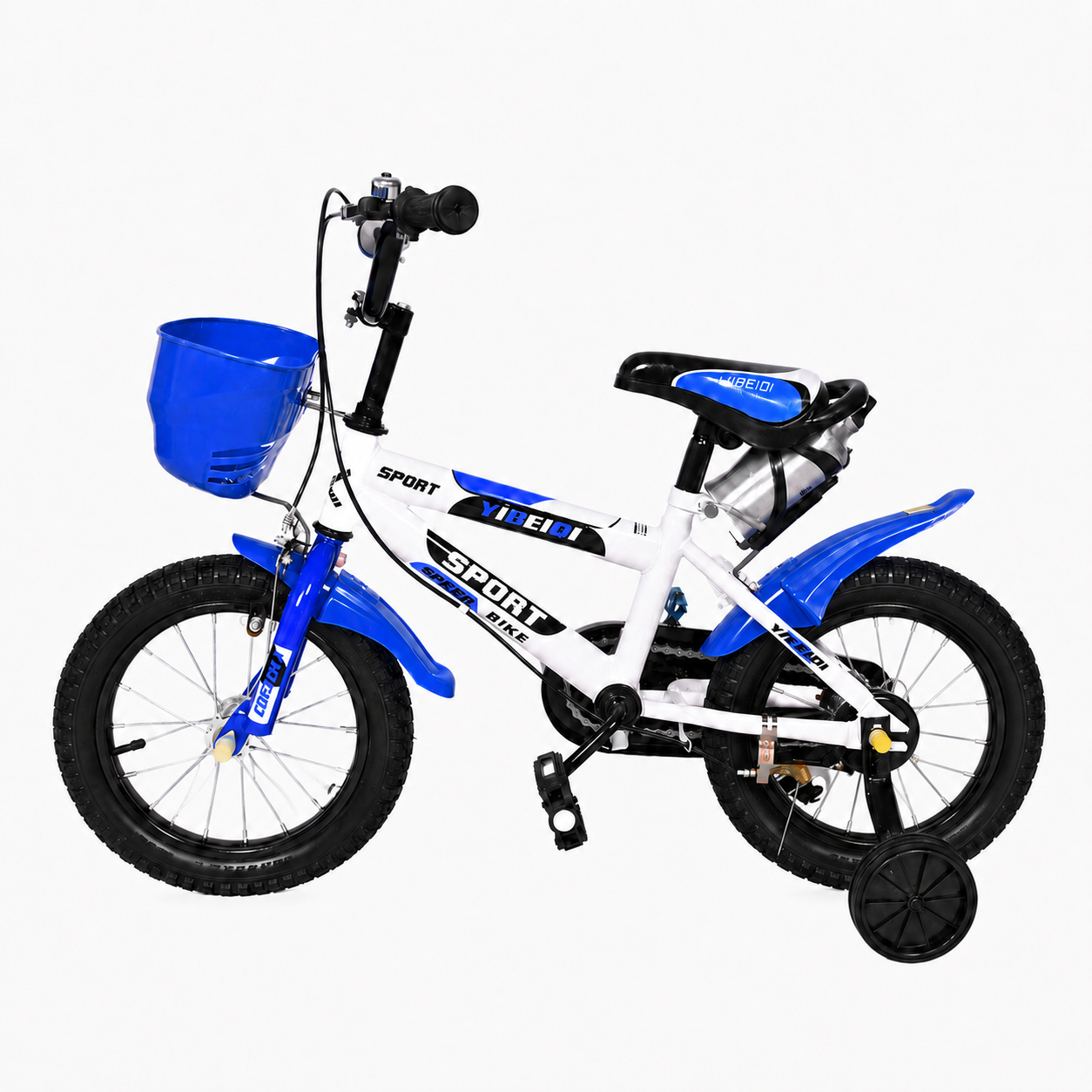 Bicicletă pentru copii LUDIRO de 14 inch, alb-albastră, prezentată din lateral, cu roți ajutătoare, coș frontal și bidon.