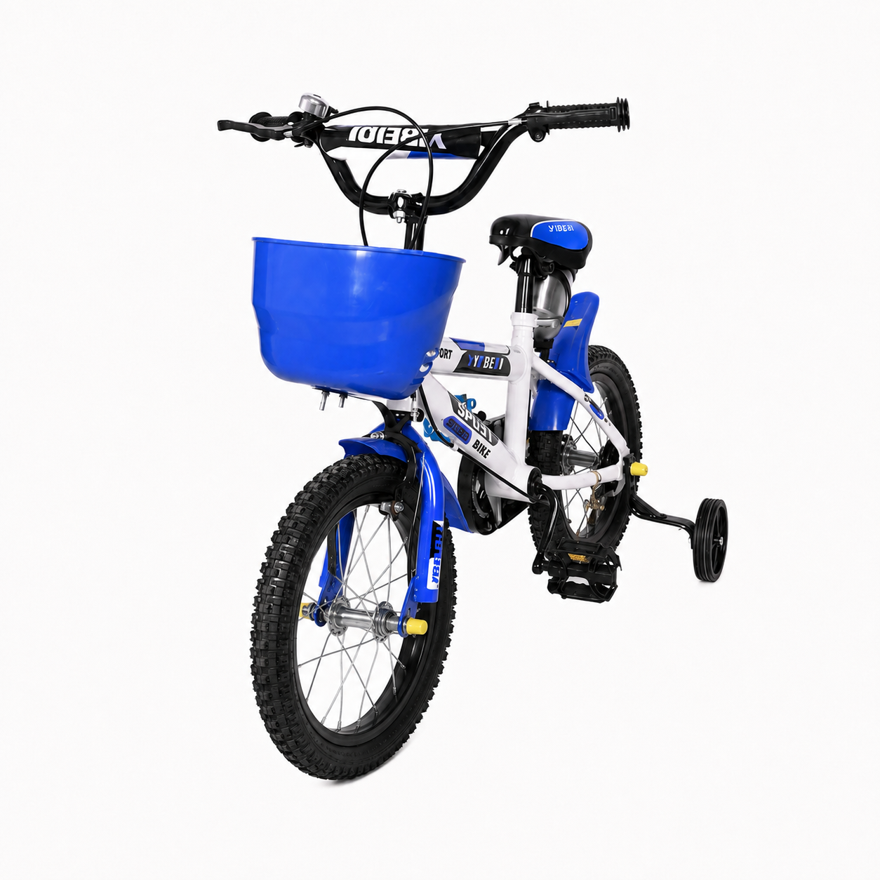 Bicicletă pentru copii LUDIRO de 14 inch, alb-albastră, fotografiată din perspectivă frontală laterală, cu coș și roți ajutătoare.
