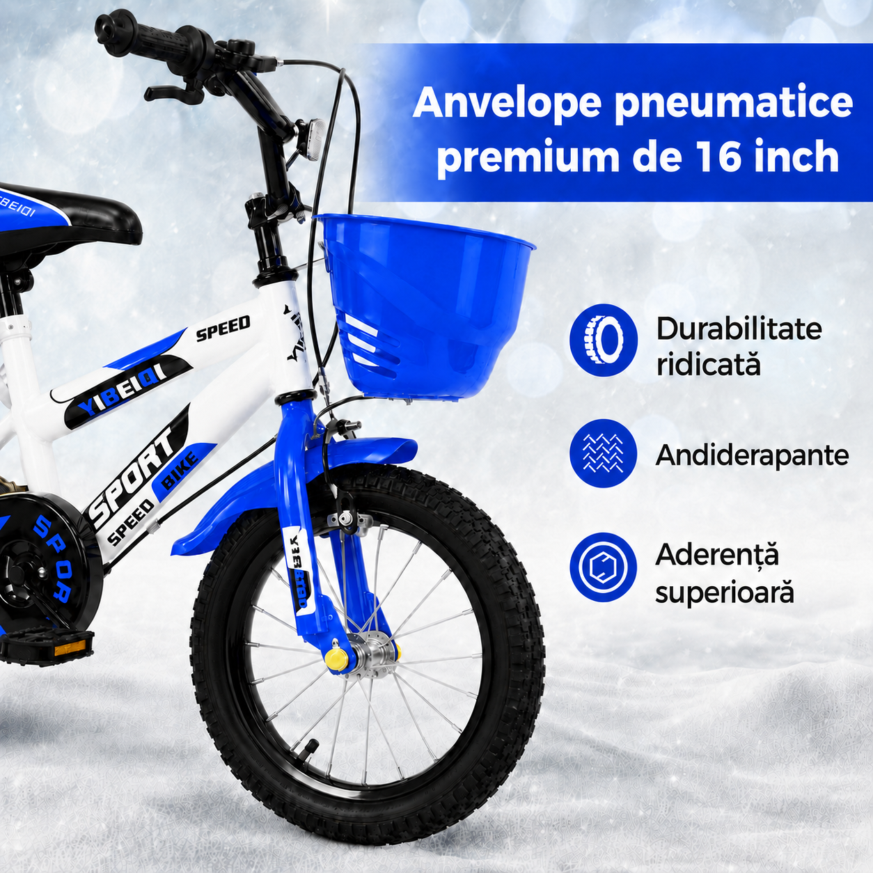 Bicicleta Ludiro de 16 inch cu anvelope pneumatice durabile, profil antiderapant si aderenta ridicata.