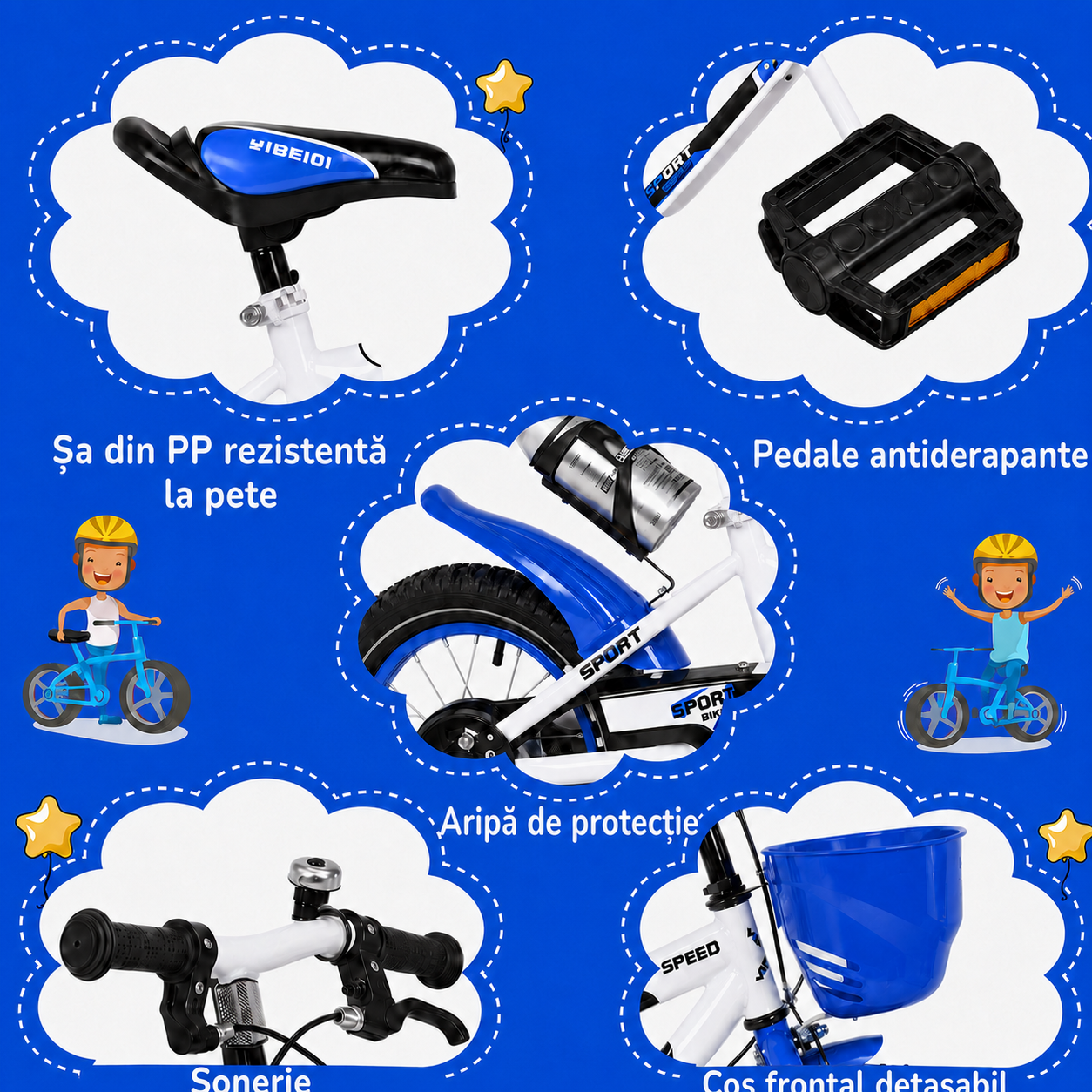Detalii ale bicicletei Ludiro de 16 inch: sa din PP, pedale antiderapante, aripa de protectie, sonerie si cos frontal detasabil.