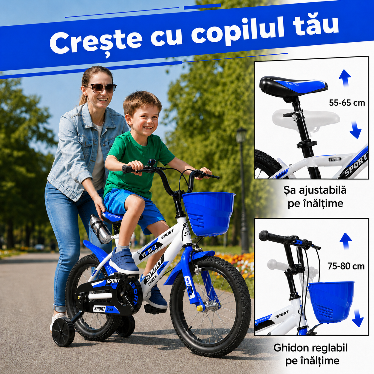 Infografic cu bicicleta Ludiro de 16 inch, sa reglabila intre 55 si 65 cm si ghidon reglabil intre 75 si 80 cm.
