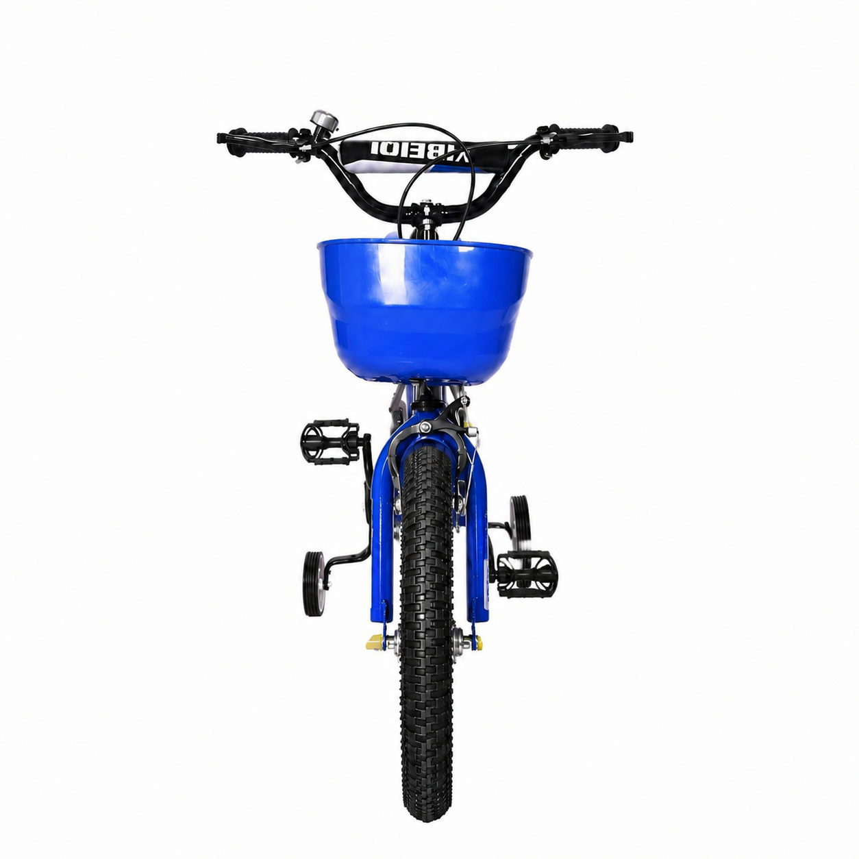 Vedere frontala a bicicletei Ludiro alb-albastru de 16 inch, cu cos frontal si roti ajutatoare.