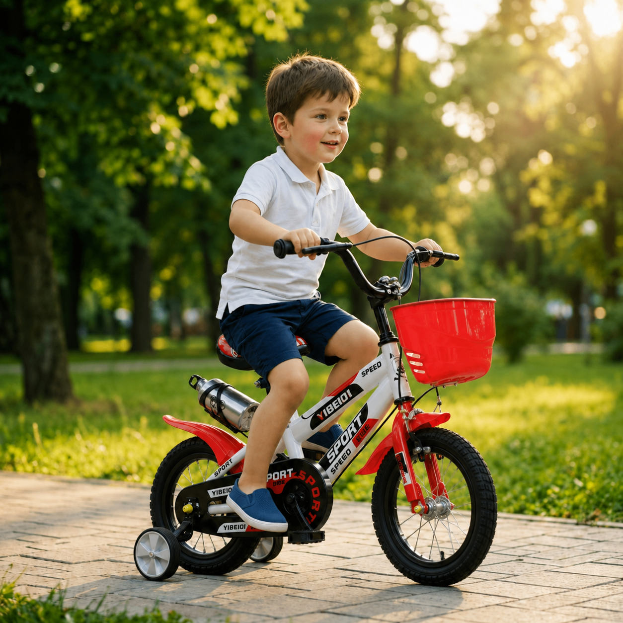 Bicicletă copii 12 inch Speed LUDIRO, alb-roșu, cu roți ajutătoare, coș și bidon, 2-5 ani - LUDIRO