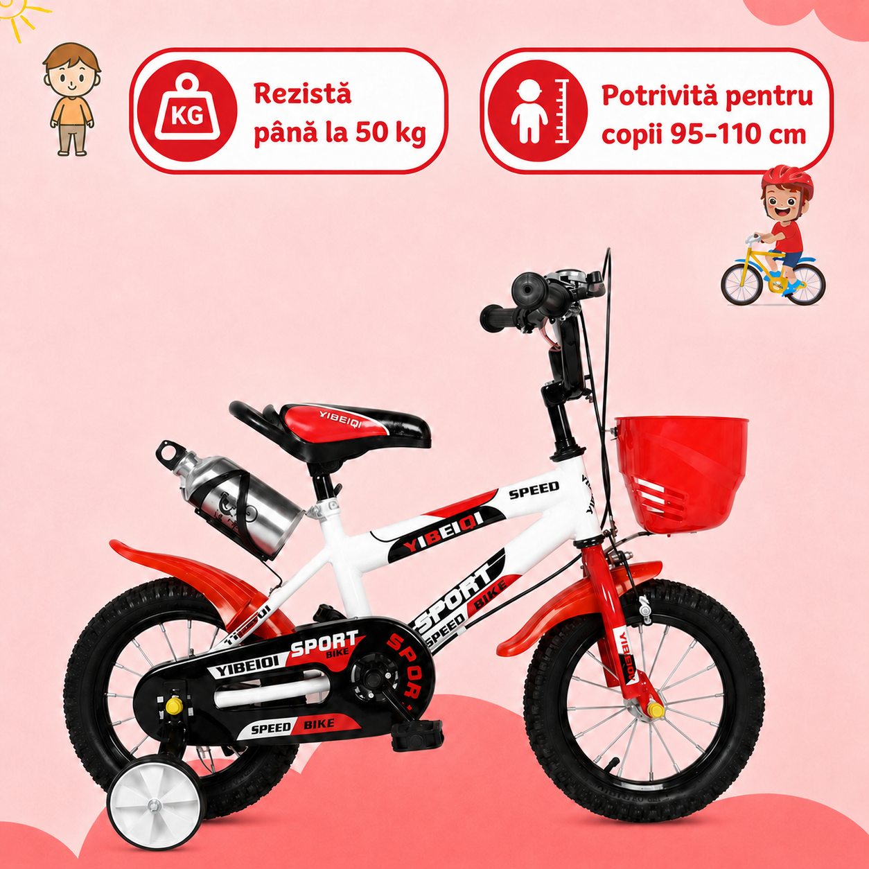 Bicicleta pentru copii Ludiro 14 inch pentru 3–6 Ani, alb rosu, cu roti ajutatoare, coș frontal și bidon - LUDIRO