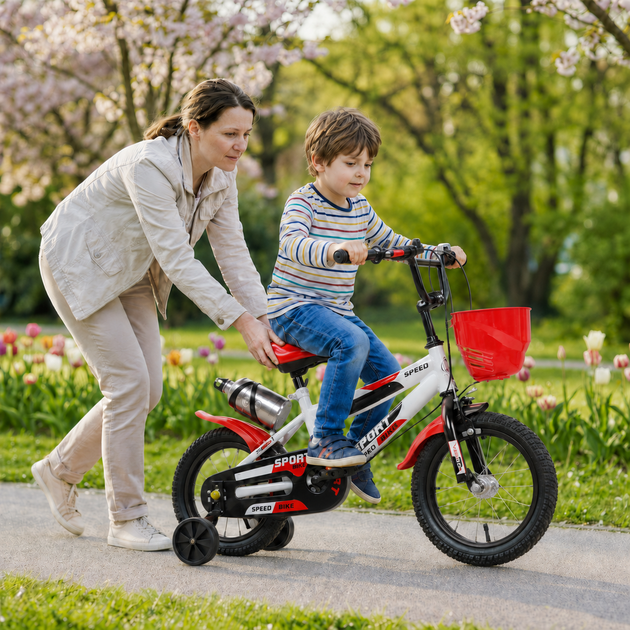 Bicicleta pentru copii Ludiro 14 inch pentru 3–6 Ani, alb rosu, cu roti ajutatoare, coș frontal și bidon - LUDIRO
