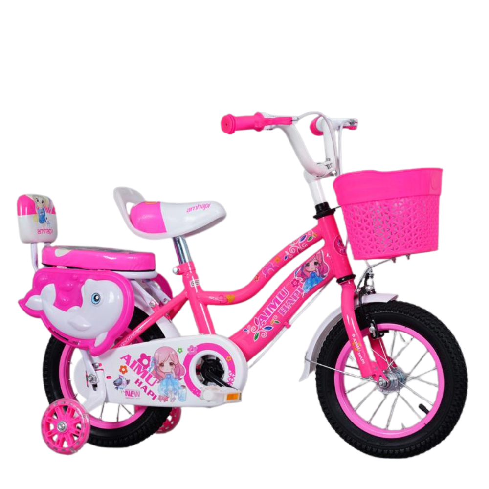 Bicicletă Fete 16 Inch Delfin – Roz, cu Scaun Spate și Roți LED | 4–8 Ani - LUDIRO