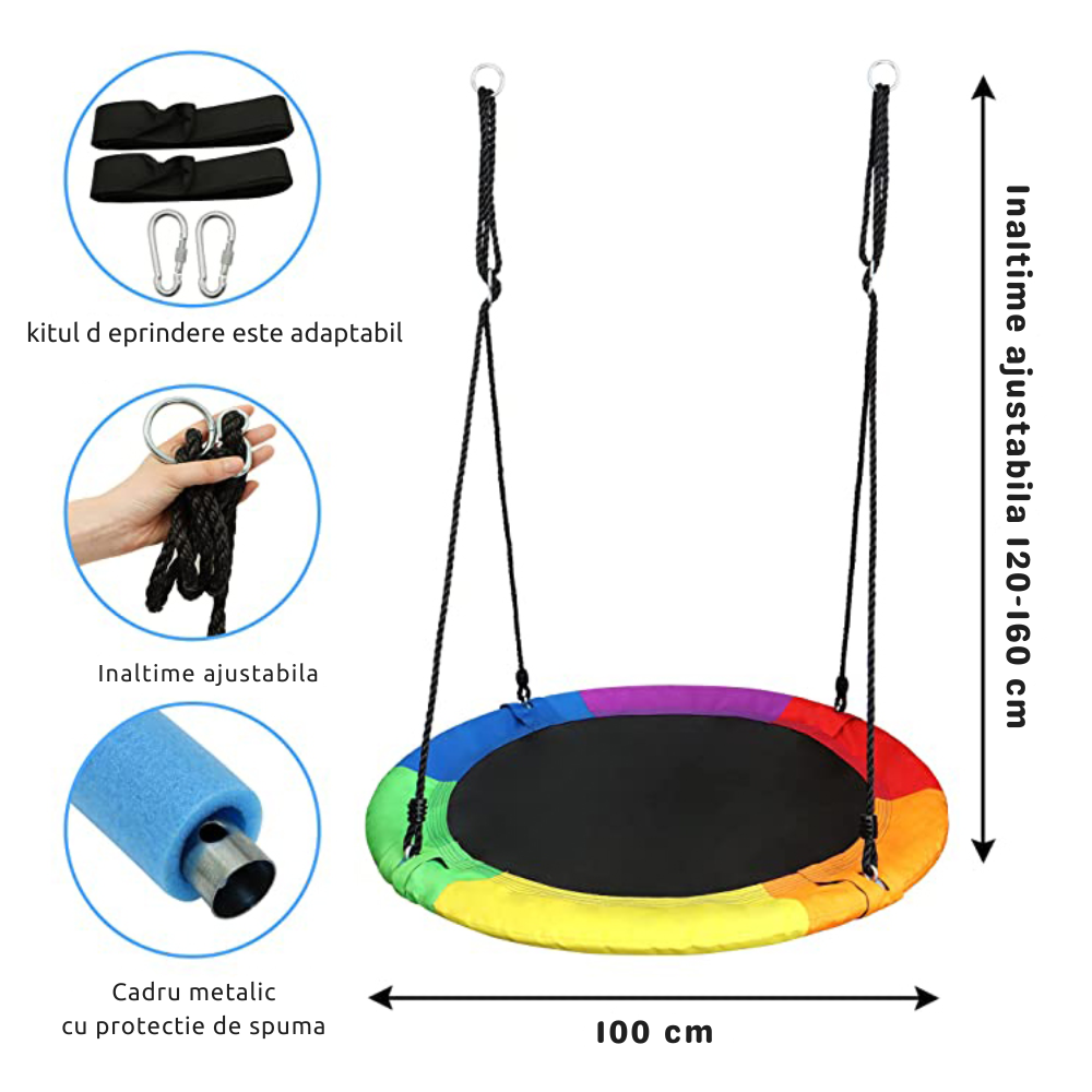Leagan rotund tip cuib pentru copii, 100 cm, franghii reglabile, cadru metalic cu protecție din spuma, max. 200 kg - LUDIRO