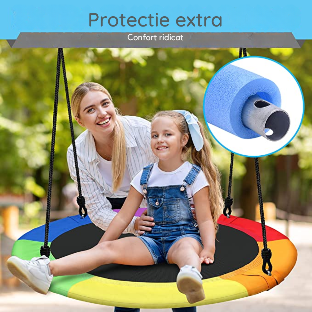 Leagan rotund tip cuib pentru copii, 100 cm, franghii reglabile, cadru metalic cu protecție din spuma, max. 200 kg - LUDIRO