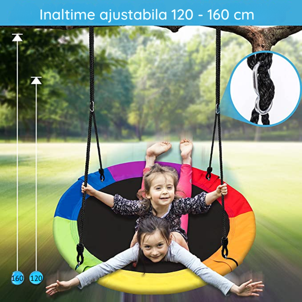 Leagan rotund tip cuib pentru copii, 100 cm, franghii reglabile, cadru metalic cu protecție din spuma, max. 200 kg - LUDIRO