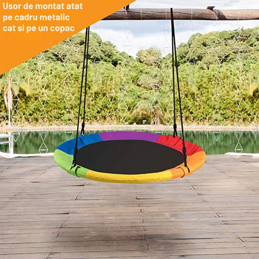 Leagan rotund tip cuib pentru copii, 100 cm, franghii reglabile, cadru metalic cu protecție din spuma, max. 200 kg - LUDIRO
