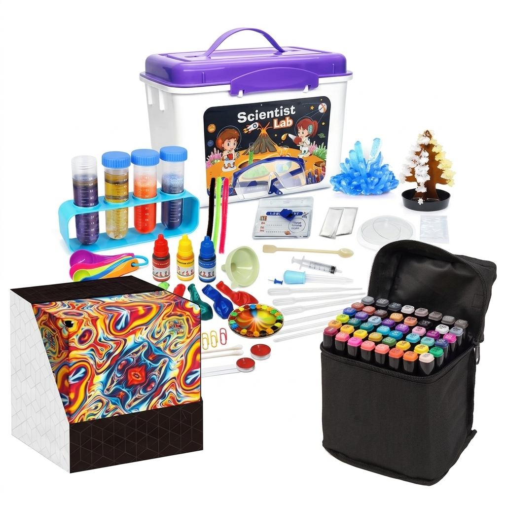 Pachet STEM & Creativitate pentru Copii Curioși – Laborator Știință 80 Experimente + Cubul Magic Magnetic 72 Forme + Set 48 Markere Profesionale | 7–10 ANI - LUDIRO