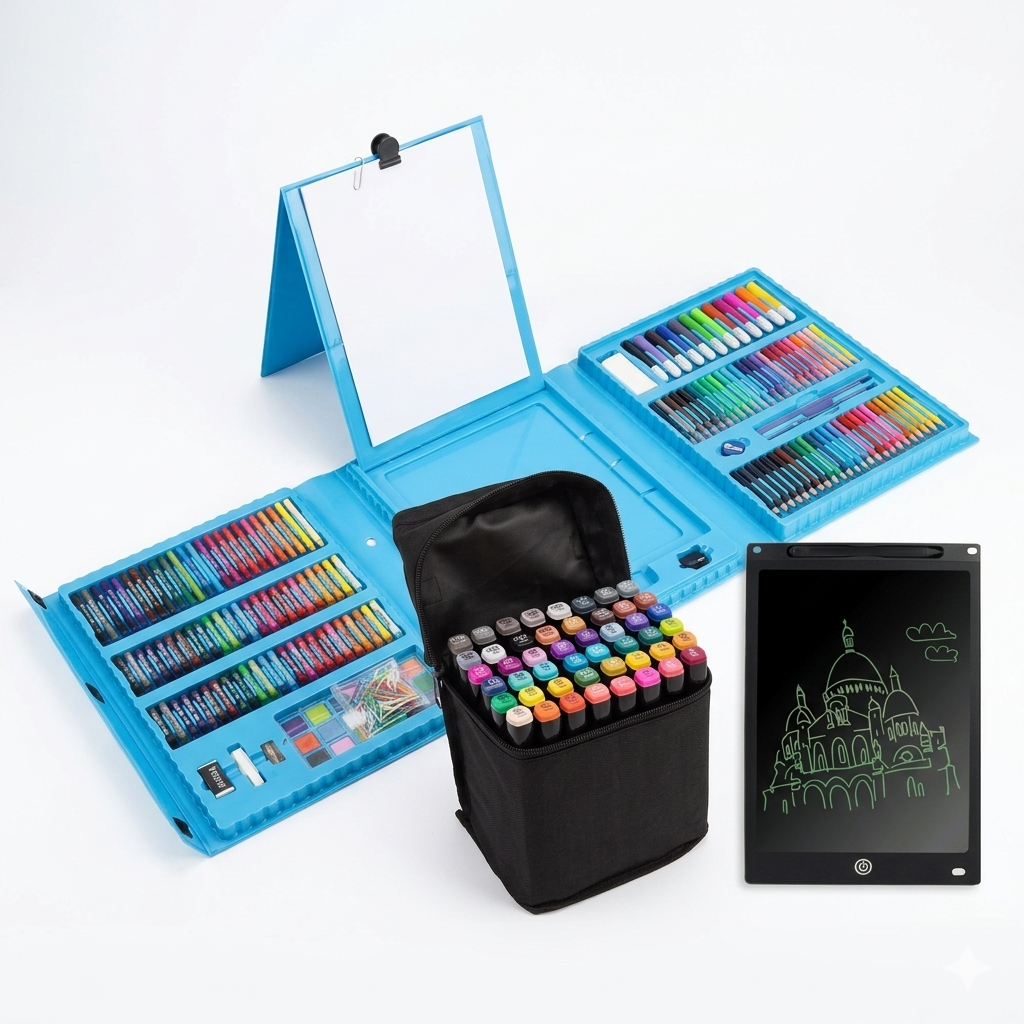 Pachet Creativ pentru Micul Artist – Set 208 Piese Pictură & Desen + Set 48 Markere Profesionale + Tabletă LCD 10 Inch Scris & Desenat | 5–6 ANI - LUDIRO
