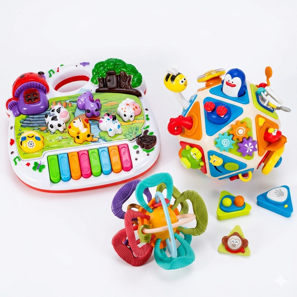 Pachet Jucării Educative Bebeluș – Centru Activități 20-în-1 + Jucărie Dentiție Silicon + Pian Interactiv Ferma Animalelor | 0-12 Luni - LUDIRO
