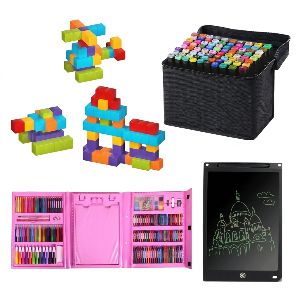 Pachet Educativ Complet pentru Copii – Set 96 Cuburi Magnetice 3D STEM + Set 80 Markere Profesionale + Set 208 Piese Pictură & Desen + Tabletă LCD 10 Inch | 5–6 ANI - LUDIRO