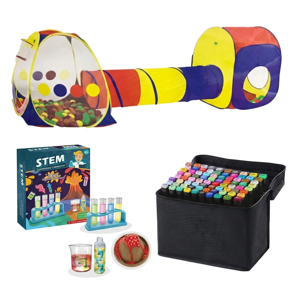 Pachet Activ pentru Copii Curioși – Tunel de Joacă Pop-Up 3 Secțiuni 260 cm + Kit STEM Știință 14 Experimente Chimice + Set 80 Markere Profesionale | 7–10 ANI - LUDIRO