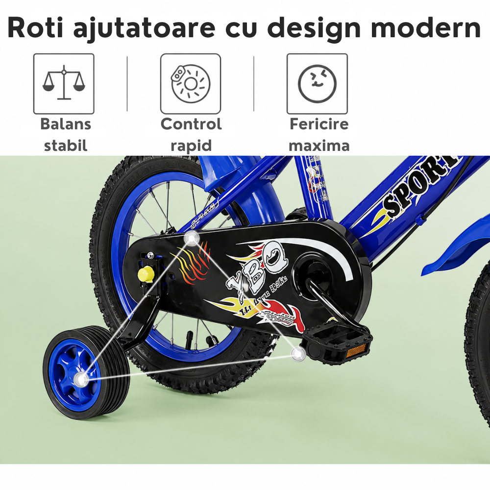 Bicicleta pentru Copii 16 Inch pentru 4–8 Ani, Albastra, cu Roti Ajutatoare - LUDIRO