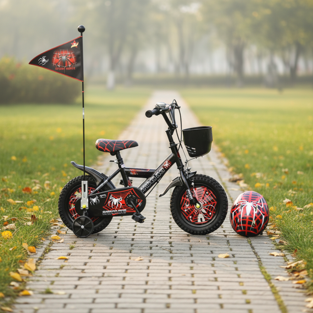 Bicicletă Copii 14 Inch Spider Net – Negru/Roșu, cu Cască și Steag, 4-8 Ani - LUDIRO