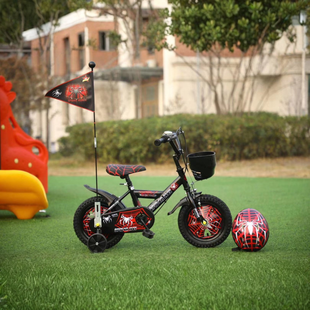 Bicicletă Copii 14 Inch Spider Net – Negru/Roșu, cu Cască și Steag, 4-8 Ani - LUDIRO