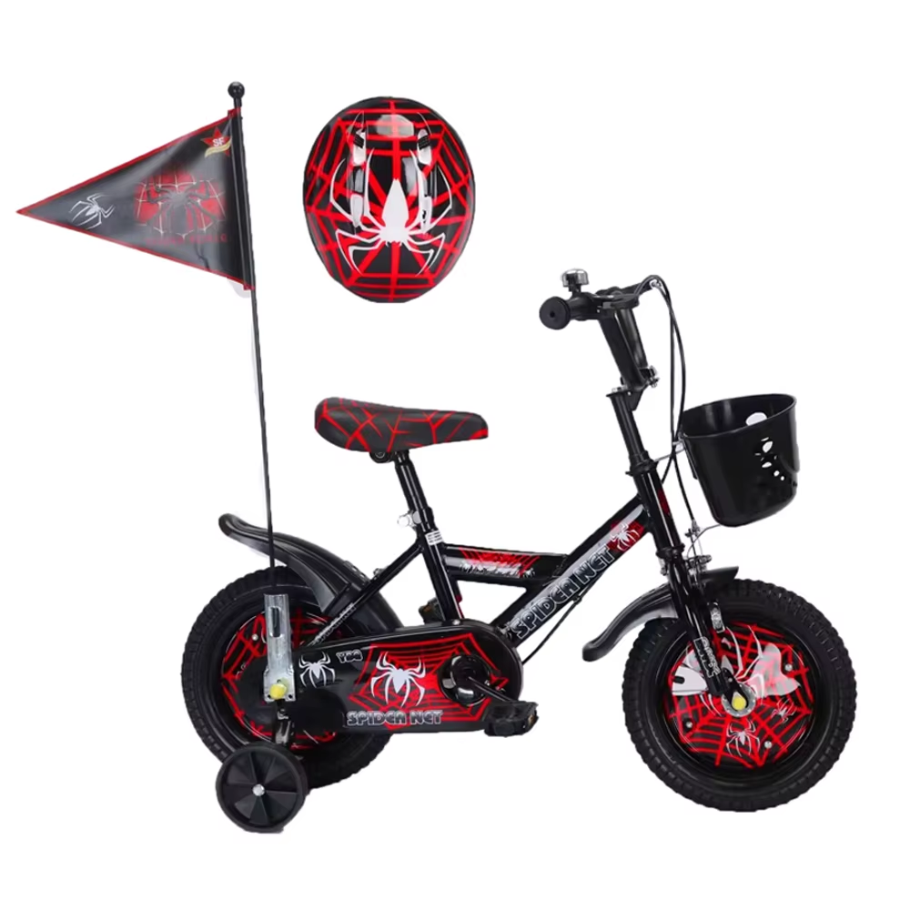 Bicicletă Copii 14 Inch Spider Net – Negru/Roșu, cu Cască și Steag, 4-8 Ani - LUDIRO