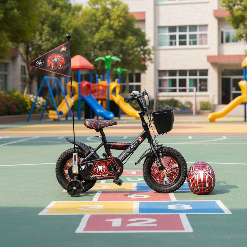 Bicicletă Copii 14 Inch Spider Net – Negru/Roșu, cu Cască și Steag, 4-8 Ani - LUDIRO