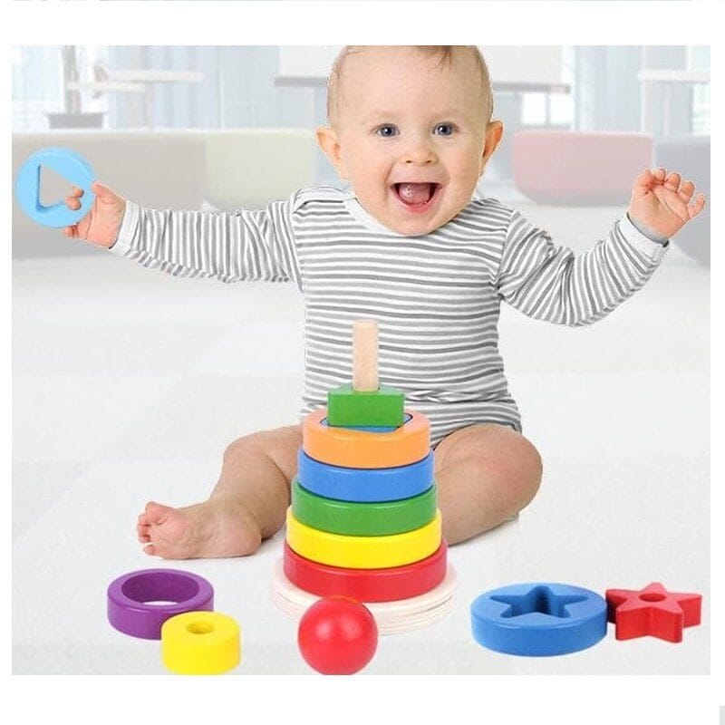 Resigilat - Jucarie din Lemn Educativa de Stivuire cu Forme Geometrice, Turn Montessori, + 3 Ani, 15.5x9 cm - LUDIRO