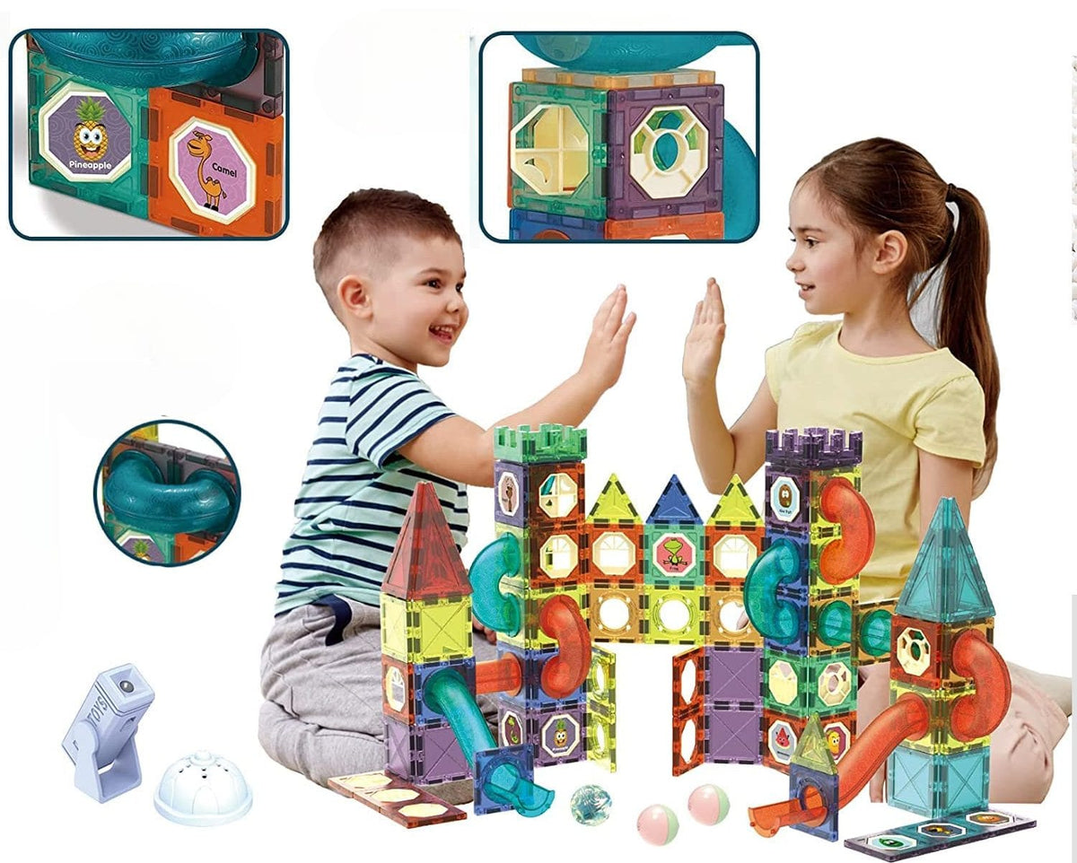 Resigilat - Set de Constructie, Blocuri Magnetice STEAM 3D Educationale, Circuit cu Bile, Lumini Led Interactive, 2 Figurine, Multiple Moduri de Construit, 292 piese, Multicolor, + 3 Ani - LUDIRO
