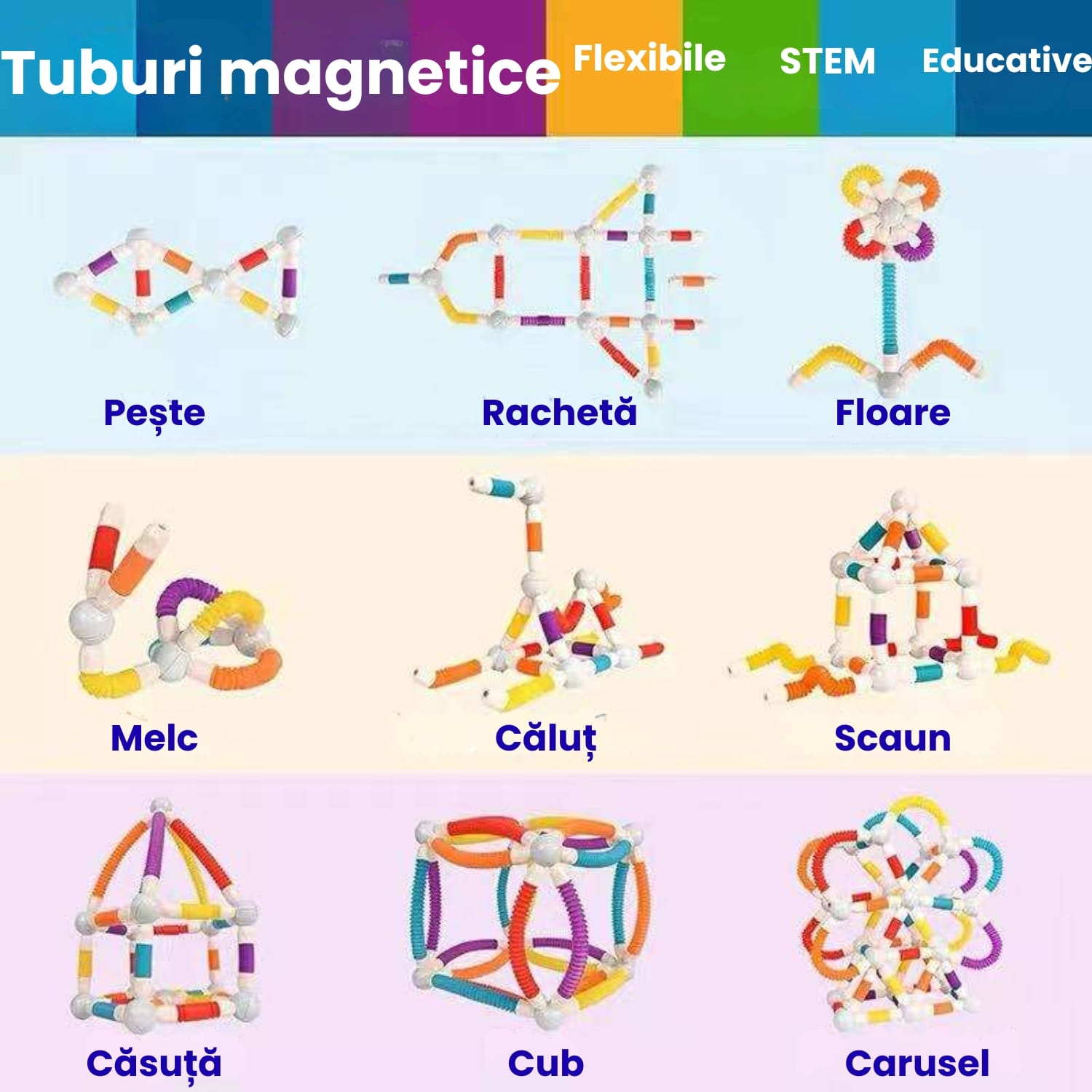 Set Construcție 3D Magnetic și Flexibil Ludiro, 66 Piese Telescopice, Jucărie STEM Educativă 3+ Ani - LUDIRO
