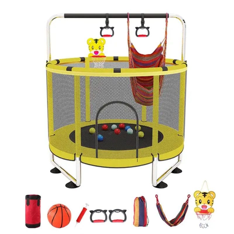 Trambulina pentru Copii LUDIRO, Diametru 140 Cm, Cu Plasa de Siguranta, Cos Baschet, Leagan Si Accesorii, Suporta 200 kg, Interior sau Exterior, Pentru Dezvoltarea Echilibrului, Galbena, + 3 Ani - LUDIRO