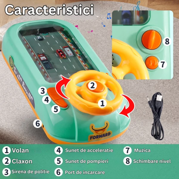 Simulator de Condus cu Volan pentru Copii – Cursă Auto cu Obstacole, Sunete și Muzică, 3+ ani - LUDIRO