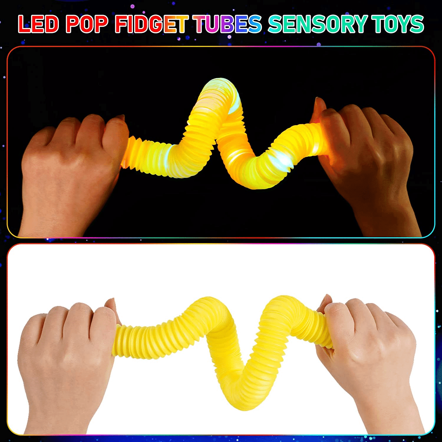 Set 12 Tuburi Antistres, cu Lumini LED Interactive, Fidget Pop Tube, 20x2 cm - LUDIRO