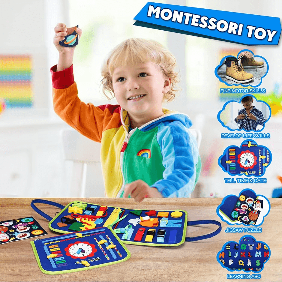 Resigilat - Carte Senzoriala Interactiva Montessori, Jucarie de Calatorie, 25 Activitati, Motricitate Fina, Creativitate si Indemanare, 28 x 23 Cm, +1 An - LUDIRO