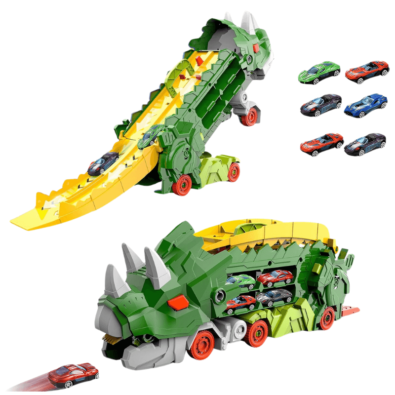 Resigilat - Set Multifunctional Dinozaur 2-in-1, Camion de Transport si Rampa de Lansare cu 6 Masinute, Distractie, Educatie si Dezvoltarea Creativitatii pentru Copii, + 3 Ani, Verde Portocaliu, Utility One - LUDIRO
