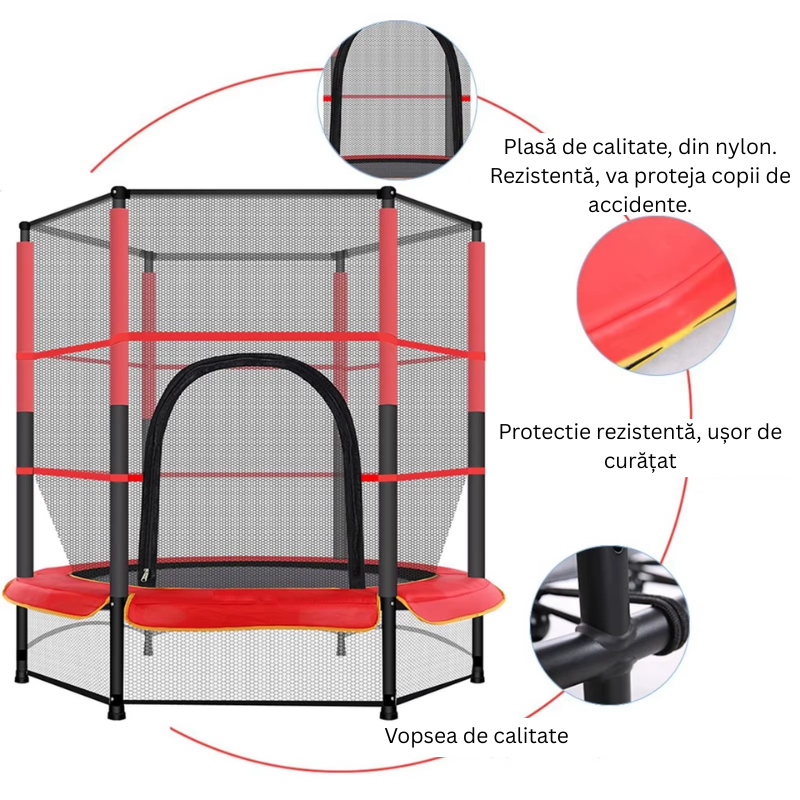Trambulina pentru Copii LUDIRO, Diametru 140 Cm, Inaltime 160 Cm, Cu Plasa de Siguranta, Suporta 200 kg, Interior sau Exterior, Pentru Dezvoltarea Echilibrului, Rosie, + 3 Ani - LUDIRO