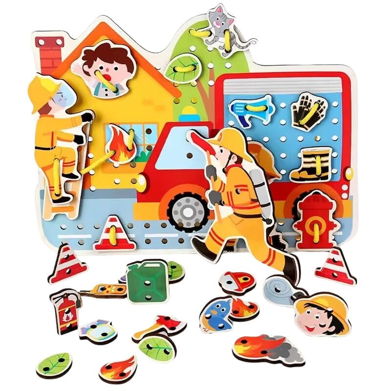 Puzzle Interactiv din Lemn, Pompieri, 31 piese de Snuruit pentru Dezvoltarea Abilitatilor Motorii si Educatia Copiilor, 29x21.5 Cm, +3 Ani - LUDIRO