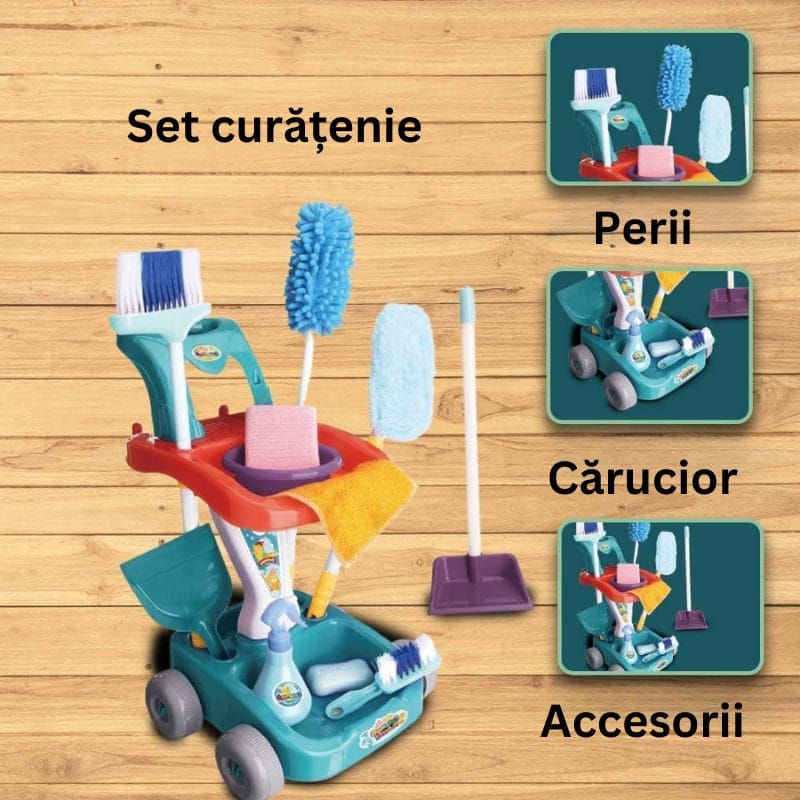 Set de Curatenie pentru Copii, Carucior cu 22 Accesorii, Ideal pentru Imitarea Parintilor si Invatarea Responsabilitatii, Set Complet cu Perii, Matura, Mop si Pulverizator, + 3 Ani - LUDIRO