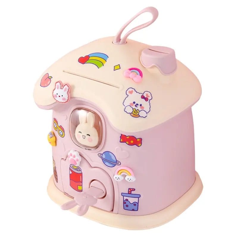 Resigilat - Pusculita pentru Copii cu Cheie, Stickere de Personalizare Incluse, Iepuras, Forma Ciuperca, 20x18x15 Cm, Roz, + 3 Ani - LUDIRO