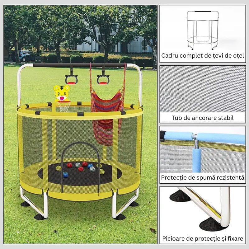 Trambulina pentru Copii LUDIRO, Diametru 140 Cm, Cu Plasa de Siguranta, Cos Baschet, Leagan Si Accesorii, Suporta 200 kg, Interior sau Exterior, Pentru Dezvoltarea Echilibrului, Galbena, + 3 Ani - LUDIRO