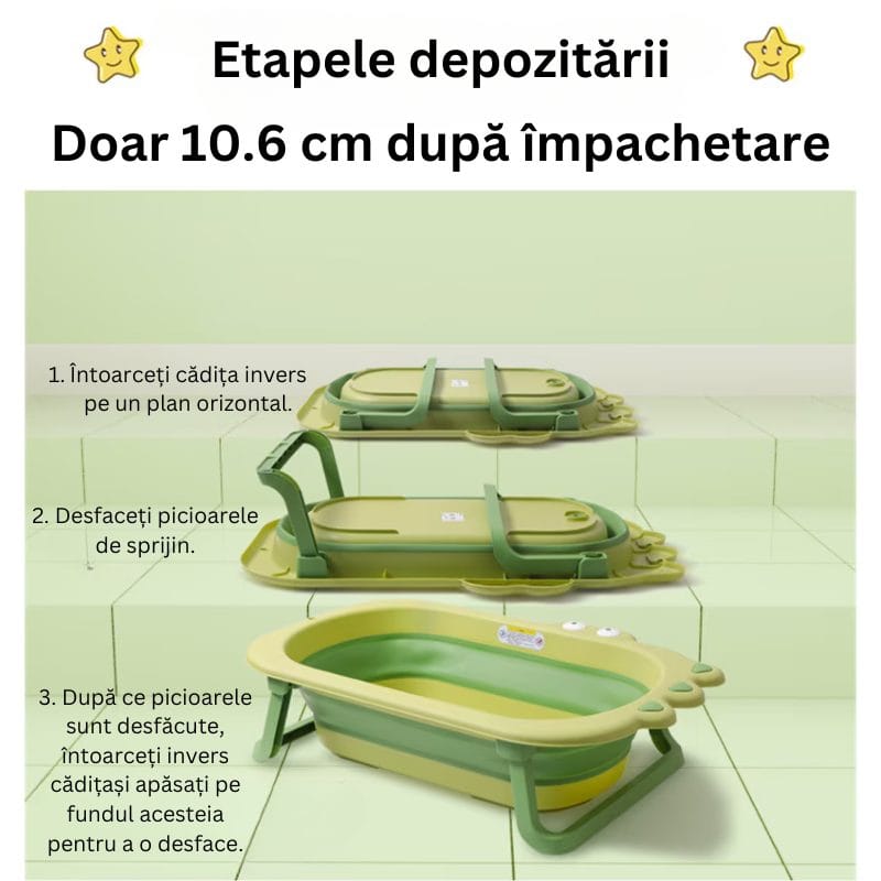 Cadita Pliabila pentru Copii, Design Dinozaur, Sigura si cu Dimenisuni Generoase, 80x49 Cm, Material Ecologic, Sistem Anti Alunecare, Usor de depozitat, Ideala pentru Baie - LUDIRO