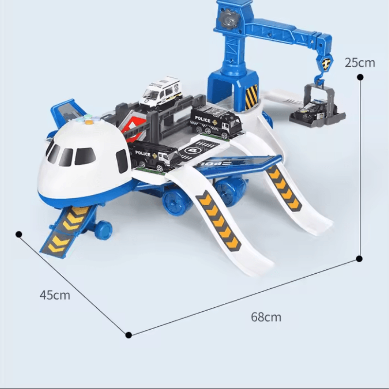 Avion de poliție deschis, cu dimensiuni ilustrate de 68 × 45 × 25 cm.