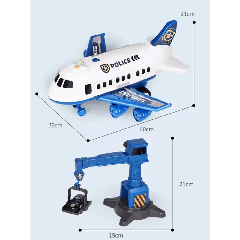 Dimensiuni avion închis de 40 × 39 × 21 cm și macara de aproximativ 21 cm înălțime.
