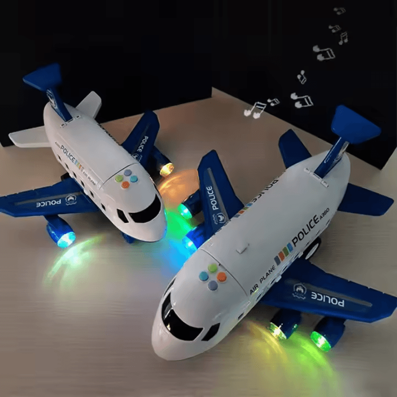 Două vederi ale avionului de poliție cu luminile aprinse pe fundal întunecat.