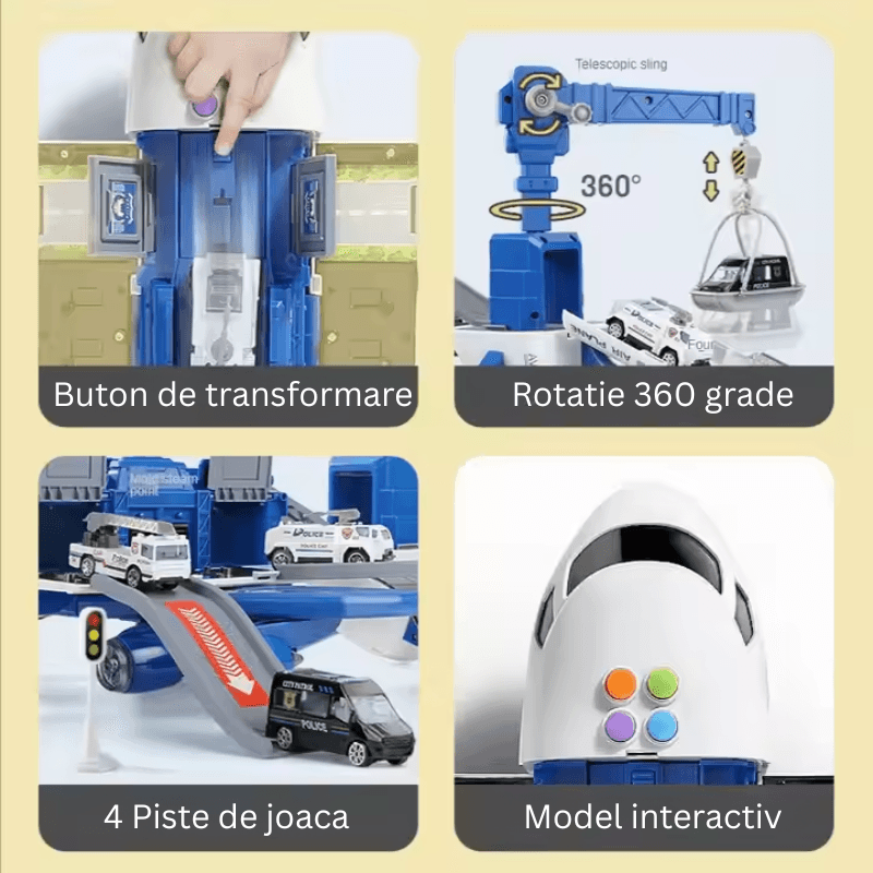 Funcțiile avionului: buton de transformare, macara cu rotație 360°, patru piste și butoane interactive.